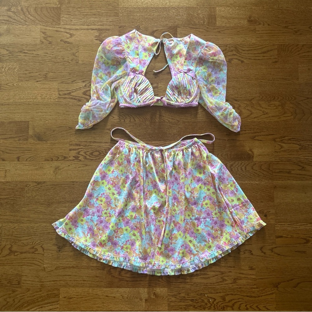 For Love & Lemons Pink Punch Skirt Set Crop Bra Top Puff Floral XXS Pastel sheer